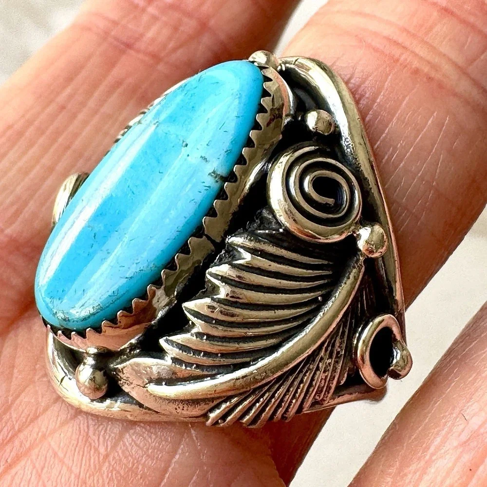Navajo Turquoise Mens Ring Sz 11 Leaf Feather Signed Morgan Sterling Native Amer
